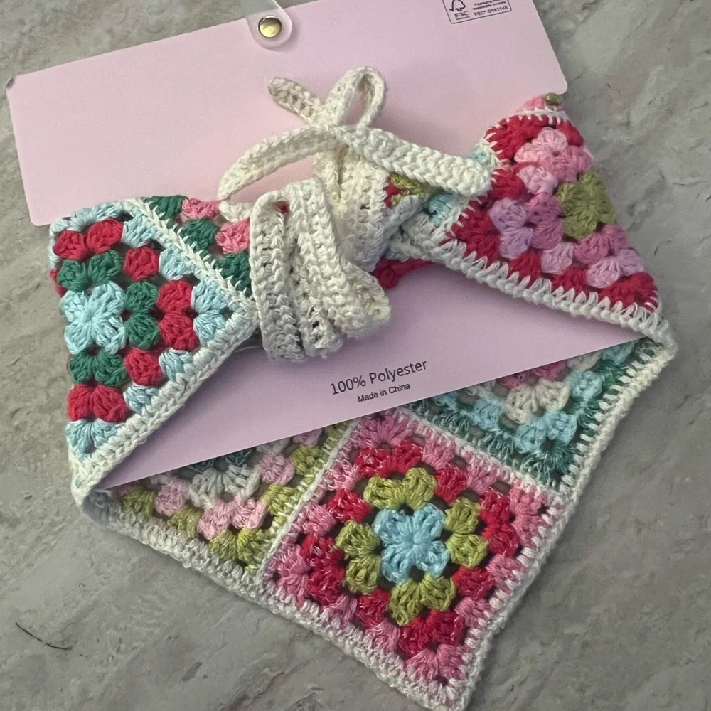 Sunday State Colorful Crochet Headscarf. Pink and Green. - Picture 7 of 8